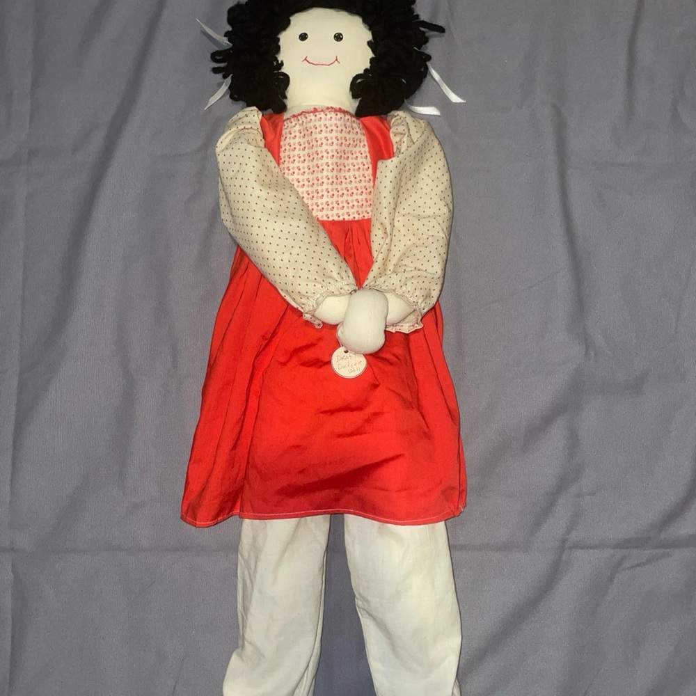Vintage Folk Art Hand Made 28 ‘Rag Doll Black Hair Draft Dodger Doll Button Eyes